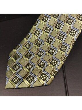 T. Harris London Men's Silk Neck Tie W:3.5" by L:60" Green Black & Blue Squares